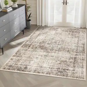 Vintage Area Rug 5x7 Oriental Distressed Throw Rug with Non-Slip Backing, Soft Low Pile Accent Carpet, Washable Traditional Indoor Mat for Bedroom, Living Room
