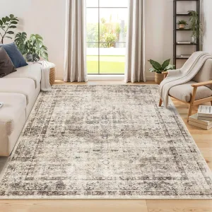 Area Rug 8x10 Washable Brown Vintage Traditional Mat Distressed Indoor Foldable Thin Retro Accent Rug Non Slip Floral Carpet Light Camel