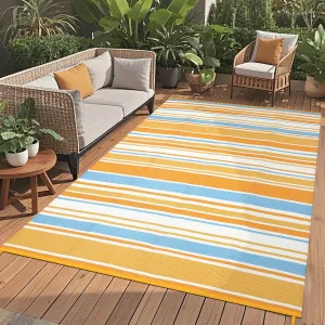 Outdoor Rug 8x10 Colorful Geometric Lines Plastic Straw Reversible Patio Rug Orange Yellow Blue White