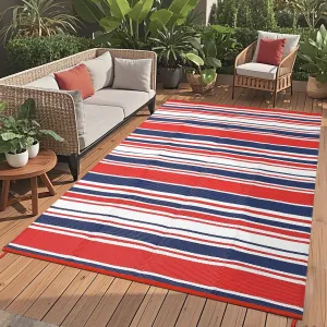 10x14 Modern Lines Outdoor Large Rug Waterproof UV-Resistant Striped Patio Rug Red Navy White for Camping Picnic Pool Side RV