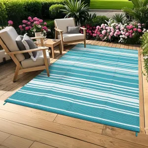 Outdoor Light Blue 9x12 Large Waterproof Rug Reversible Plastic Straw Rug UV Resistant Foldable Lightweight with Stakes for Patio Garden Deck Camping