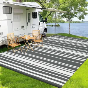 Outdoor Grey 9x18 Large Rugs, Waterproof Reversible Plastic Straw Durable UV-Resistant Foldable with Carry Bag for Patio Camping RV Deck