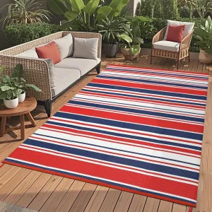 Outdoor Multicolor 8x10 Waterproof Rug Polypropylene UV-Resistant Reversible Striped Design Lightweight Foldable with Stakes for Patio Deck Camping