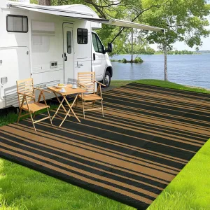 Outdoor Black Brown 9x18 Rug Waterproof Plastic Straw Patio Rug, Large Area, Reversible, Non-Slip, High-Density Polypropylene, with Corner Loops for RV Camping Deck Porch Beach
