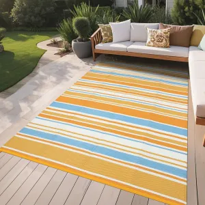 9x12 Outdoor Rug Modern Geometric Reversible Plastic Straw Colorful Striped Large Rug for Balcony Deck Beach Orange Yellow Blue White