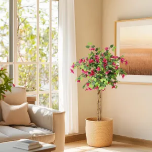 4ft Artificial Bougainvillea Tree with Wood Trunk and Pink Flowers for Indoor Outdoor