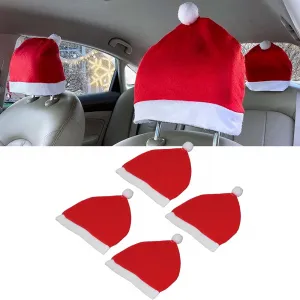 4PCS Santa Hat Car Seat Headrest Covers, Car Headrest Decoration Cover Protector, Car Christmas Decorations, Cute Auto Interior Accessories for Most Car Headrestss red