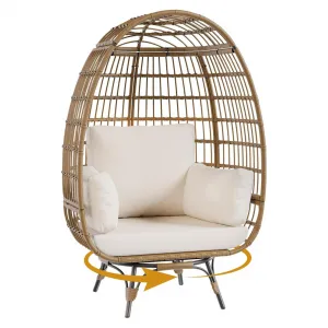 360° Swivel Egg Chair, Oversized Patio Rotating Basket Chair, Steel Frame and Metal Base, Waterproof, PE Rattan Lounge Chair for Indoor & Outdoor Patio, Living Room, and Backyard, Beige