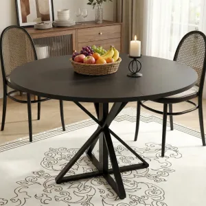 47" Wood Round Dining Table with Metal K-Shaped Legs for Dining Room and Kitchen, Black