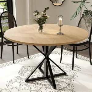 47" Wood Round Dining Table with Metal K-Shaped Legs for Dining Room and Kitchen, Oak