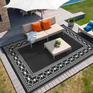 Large Outdoor Rug 9x12 Reversible Rug Waterproof Patio Rug Deck Rug, Geometric Outdoor Plastic Straw Rug, Uv Resistant Picnic Mat Camping Rug, Lightweight Outdoor Carpet, Black