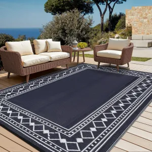 Large Outdoor Rug 9x12 Reversible Rug Waterproof Patio Rug Deck Rug, Geometric Outdoor Plastic Straw Rug, Uv Resistant Picnic Mat Camping Rug, Lightweight Outdoor Carpet, Blue