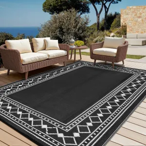 Large Outdoor Rug 10x20 Waterproof Plastic Straw Reversible Mat for Patio Camping RV Deck Black/White