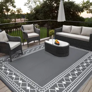 Outdoor Rug 8x10 Plastic Straw Rug Waterproof Patio Rug, Grey Reversible Rug, Foldable Lightweight Outdoor Carpet with Storage Bag, 4 Stakes, Camping Mat for Deck, Garden