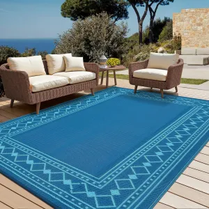 Outdoor Rug 9x18 ft Waterproof Reversible Plastic Straw Rug for Patio, RV, Camping, Deck, Balcony - Green/Blue