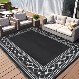 Outdoor Plastic Straw Rug 9x18 Large Rug Uv Resistant Waterproof Patio Rug, Foldable Reversible Rug, Lightweight Camping Mat Picnic Rug with Stortage Bag, 4 Stakes, Black