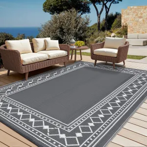 Outdoor Rug 10x14 Waterproof Reversible Plastic Straw Mat for Patio, Deck, Balcony White/Grey