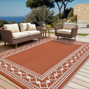 Outdoor Rug 9x12 ft Waterproof Reversible Patio Mat Plastic Straw Rug for RV Camping Deck Balcony Terracotta White