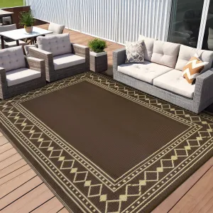 Outdoor Rug 8x10 Plastic Straw Rug Waterproof Patio Rug, Brown Reversible Rug, Foldable Lightweight Outdoor Carpet with Storage Bag, 4 Stakes, Camping Mat for Deck, Garden