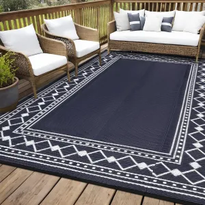 Outdoor Rug 10x14 Waterproof Reversible Plastic Straw Mat for Patio, Deck, Balcony, Backyard Dark Blue