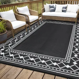 Outdoor Rug 8x10 Plastic Straw Rug Waterproof Patio Rug, Black Reversible Rug, Foldable Lightweight Outdoor Carpet with Storage Bag, 4 Stakes, Camping Mat for Deck, Garden
