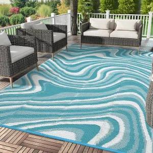 Large Modern Outdoor Rug 9x18 Waterproof Reversible Plastic Straw Rug for Patio Backyard Beach Light Blue