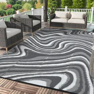 Waterproof Outdoor Rug 10x14 Large Abstract Camping Rug with Rubber Particles Backing, Reversible, UV Resistant Black Grey