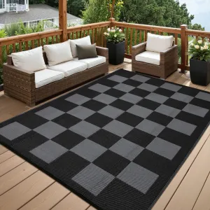 8x10 Area Rug Beach Picnic Rug Non-Slip Fade-Resistant Plastic Waterproof Easy-Clean Black&Gray Outdoor Camping RV Balcony
