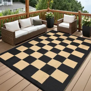 Checkered Outdoor Rug 9x18 Waterproof Weather-Resistant Plastic Straw Thin Carpet Patio Porch Balcony Backyard Picnic Camping