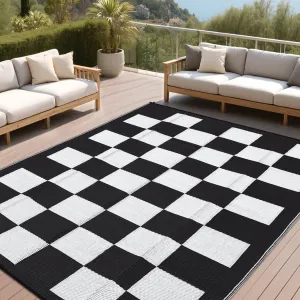 Waterproof Outdoor Rug - Modern Checkered Plastic Straw Mat - Reversible & UV-Resistant - Durable Geometric Patio Carpet for Backyard, Camping, Picnic, RV, Deck, Black and White, 5x8ft