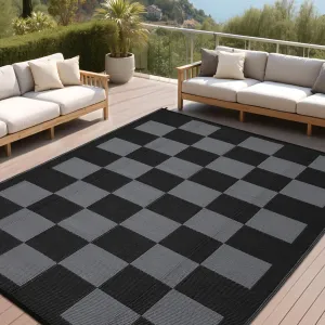 Large Waterproof Outdoor Rug 9x18 - Reversible Checkered, UV-Resistant Plastic Straw, Lightweight Portable with Stakes for Patio Deck Beach