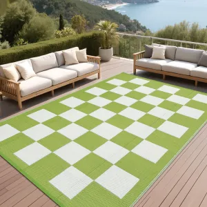 Waterproof Reversible Outdoor Rug 9x12ft – Modern Checkboard Geometric Plastic Straw Mat – UV Resistant, Collapsible, Easy Clean Carpet for Patio, Deck, Camping – Light Grass Green/White, 9x12ft