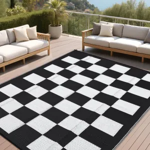 Large Waterproof Outdoor Rug 10x14 Plastic Straw UV-Resistant Reversible Foldable Checkboard Mat for Picnic Deck Backyard