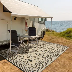 Reversible Waterproof Outdoor Rug - Large Plastic Straw Patio Carpet, UV Resistant, Collapsible, Easy Clean, Vintage Floral Design for Garden, Porch, RV, Balcony, Beach, Black Coffee, 9x18ft