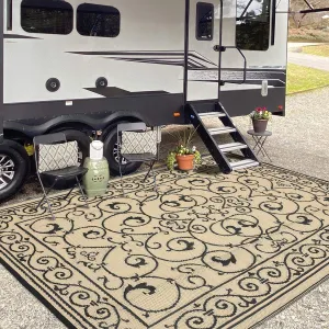 Reversible Waterproof Outdoor Patio Rug - Durable Plastic Straw Carpet, UV Resistant, Collapsible, Easy Clean, Geometric Medallion Design for Garden, Porch, Deck, Balcony, Beach, Black Coffee, 9x12ft