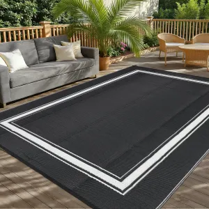 Reversible Outdoor Rug – Waterproof & UV Resistant Patio Carpet – Modern Black and White Woven Area Mat for Garden, Deck, Balcony, RV – Easy to Clean – 8x10ft