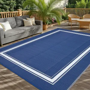 Reversible Outdoor Rug – Waterproof, UV & Weather Resistant Patio Carpet – Easy Clean, Non-Slip Woven Mat for Garden, Deck, Balcony, Pool, RV – Navy/White, 9x18ft