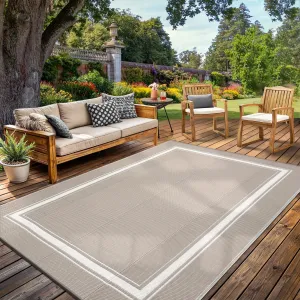 Outdoor Rugs 8x10 for Patio Waterproof Floor Mats Modern Bordered Plastic Straw Large Area Rugs Lightweight Reversible Mat Carpet for RV Backyard Balcony Porch Grey/White