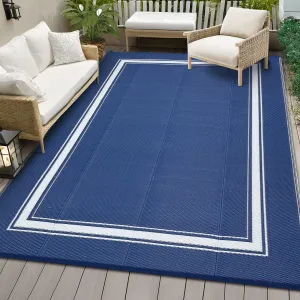 Reversible Outdoor Rug – Waterproof, UV & Weather Resistant Patio Carpet – Easy to Clean, Non-Slip, Modern Woven Area Mat for Garden, Deck, Camping, RV, Beach – Navy Blue/White, 9x12ft