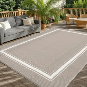 Outdoor Rug 9x18 Waterproof Reversible Mat All Weather Outdoor Plastic Straw Rus Carpet UV Resistant Modern Bordered RV Mat Carpet for Patio Deck Balcony Pool Picnic Grey/White
