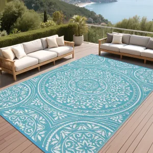 Reversible Outdoor Plastic Area Rug 8x10ft – Waterproof & UV Resistant Patio Carpet – Lightweight Straw Mat for Porch, Deck, RV, Camping – Easy Clean – Light Blue/White