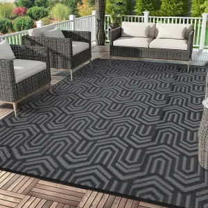Reversible Outdoor Plastic Mat - Modern Geometric Low Pile Area Rug - Waterproof & Lightweight - Easy Clean for Patio, Deck, RV, Camping, Balcony - Black and Gray, 8x10ft