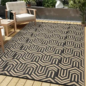 Reversible Outdoor Plastic Mat - Waterproof Lightweight Patio Rug - Modern Geometric Low Pile Carpet - Easy Care for RV, Camping, Balcony, Deck, Backyard - Black Coffee, 8' × 10'