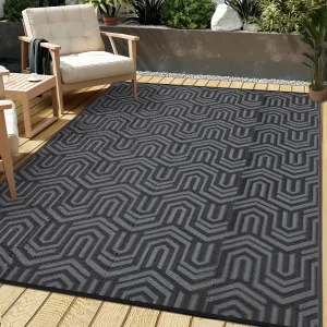 Large Outdoor Plastic Area Rug - Reversible Waterproof Patio Mat - Modern Geometric Low Pile Carpet - Easy Clean, Lightweight for Deck, Porch, Camping, Backyard - Black and Gray, 10x14ft