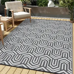 Reversible Outdoor Plastic Mat - Waterproof Lightweight Grey Patio Rug - Modern Geometric Low-Pile Camping Carpet - Easy Clean for Patio, Deck, RV, Balcony, Beach, Backyard - Gray, 9x12ft