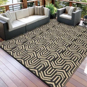Extra Large Outdoor Reversible Plastic Mat - Waterproof Low Pile Patio Rug - Easy Clean Modern Geometric Carpet for Deck, RV, Camping, Backyard, Picnic - Black Coffee, 9x18ft