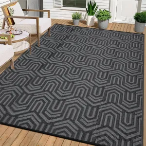 Reversible Outdoor Plastic Mat - Modern Striped Low-Pile Waterproof Area Rug - Lightweight, Easy Clean Patio Carpet for Deck, RV, Balcony, Camping, Backyard - Black and Gray, 9x12ft