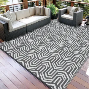 Reversible Outdoor Plastic Rug - Modern Grey Geometric Low Pile Mat - Waterproof & Lightweight Patio Carpet - Easy Clean, Weather Resistant for Camping, RV, Deck, Balcony, 8x10ft
