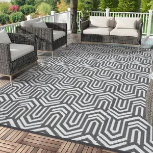 Extra Large Reversible Outdoor Plastic Mat - Modern Grey Striped Geometric Rug - Waterproof, Easy Clean, Lightweight Patio Carpet for Deck, RV, Camping, Picnic, Backyard - Grey, 9x18ft