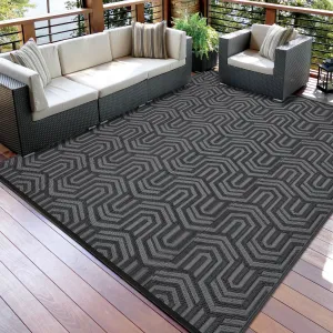 Extra Large Reversible Outdoor Plastic Mat - Modern Geometric Low Pile Area Rug - Waterproof, Easy Clean, Portable for Patio, Deck, RV, Camping, Balcony, Backyard, Black and Gray, 9x18ft